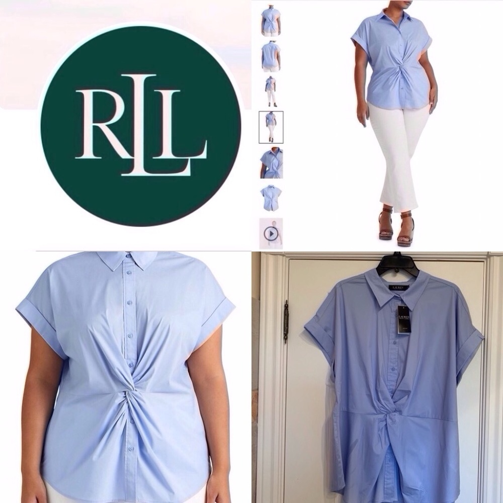 NWT  PLUS 2X  Ralph Lauren Cotton blend Short Sleeve Shirt Pebble Blue